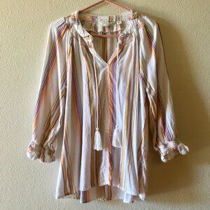 Caffe Marrakesh Vertical Stripe Peasant Blouse V-Neck Tassels Size L Cotton